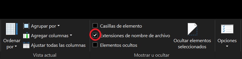 Habilitar extensiones de nombre de archivo en windows 10